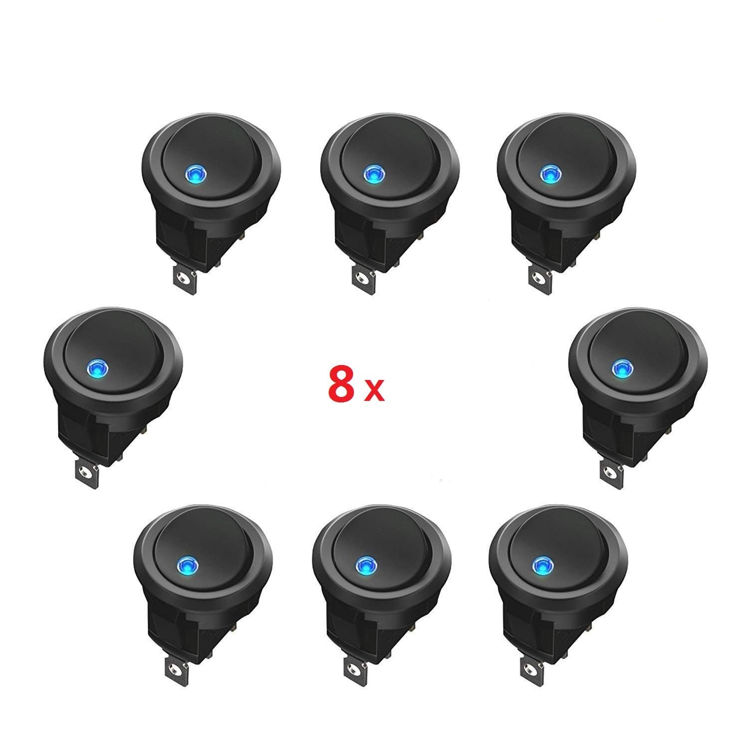 Round Rocker Switch 12V 20A Car Auto Round Rocker ON/OFF Toggle SPST Switch with Blue LED Dot Light for Car, Truck, Trailer, Marine, 8 Pack