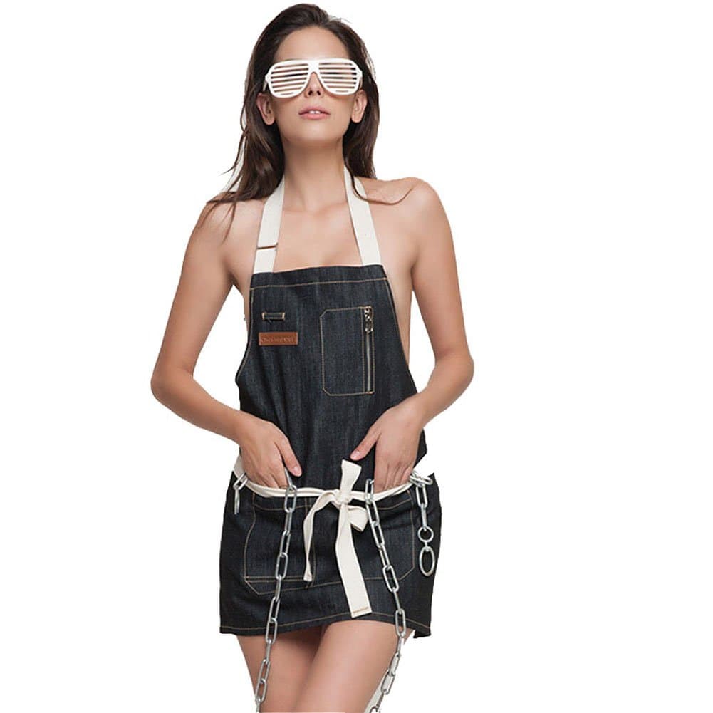 HENSE Unisex Thick Sleeveless Denim Bib Apron Soft Adjustable Work Apron for Kitchen, Garden, Pottery, Cooking, Coffee HSW-022-03