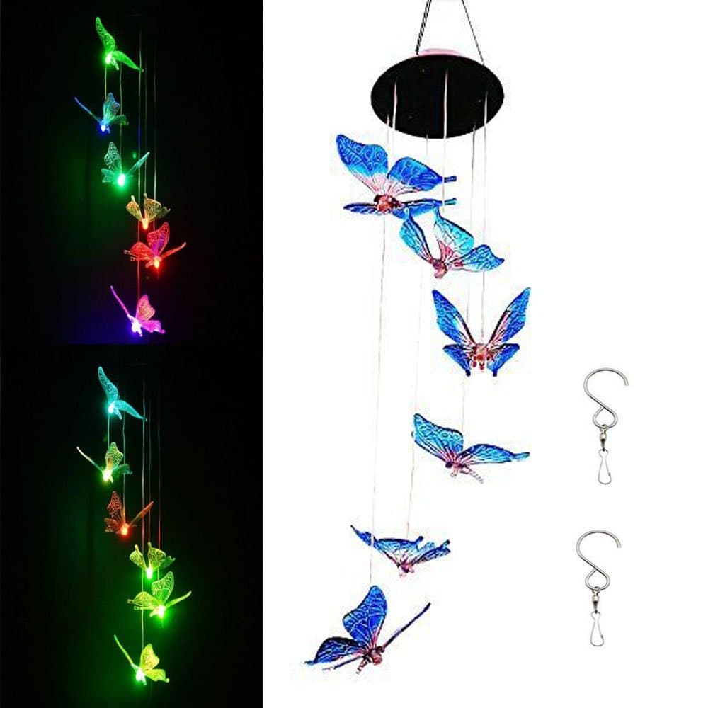 MIMINUO Color-Changing LED Solar Powered Wind Chimes, Hummingbird Solar Mobile Wind Chime,Waterproof LED Hanging Lamp Wind Chime for Home Yard Garden Party Christmas Decoration (Butterfly)