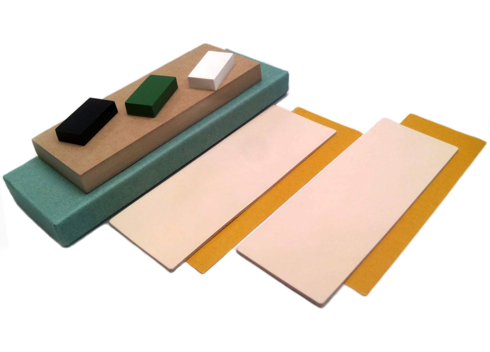 Strop Block Kit. 2 Leather Honing Strops 3 Inch by 8 Inch + MDF block + 3 One Oz. Black, Green & White Sharpening Polishing Compounds + Double-Sided Adhesive Tapes. All-in-one by Upon Leather