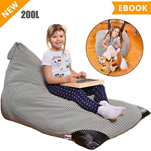 Kids Evo Stuffed Animal Storage Bean Bag Chairs - Extra Large Toy Organizer (fits 52Gal/200L) - Premium 100% Cotton Canvas Cover (Grey stripes) - Makes Comfy Lounger Bed - Also Comes in 100L Size