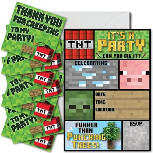 16 Mining Pixel Party Invitations, 16 Envelopes & 16 Jumbo Thank You Stickers