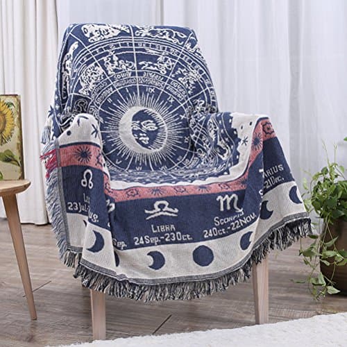 eazyhurry 100% Pure Cotton Ethnic Style Woven Throw Blanket Featuring Decorative Fringes Super Soft Sofa Blanket Home Decor for Chair Bed Couch Blue Sun Moon 51" X 71"