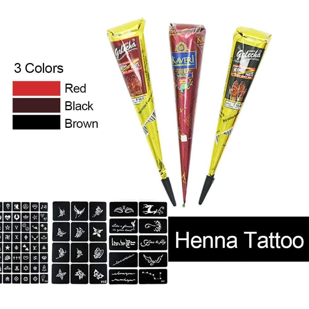 Heoolstranger Henna Tattoo Kit - 3 Colors Temporary Henna Tattoo Paste Cone with 20 Henna Template Set