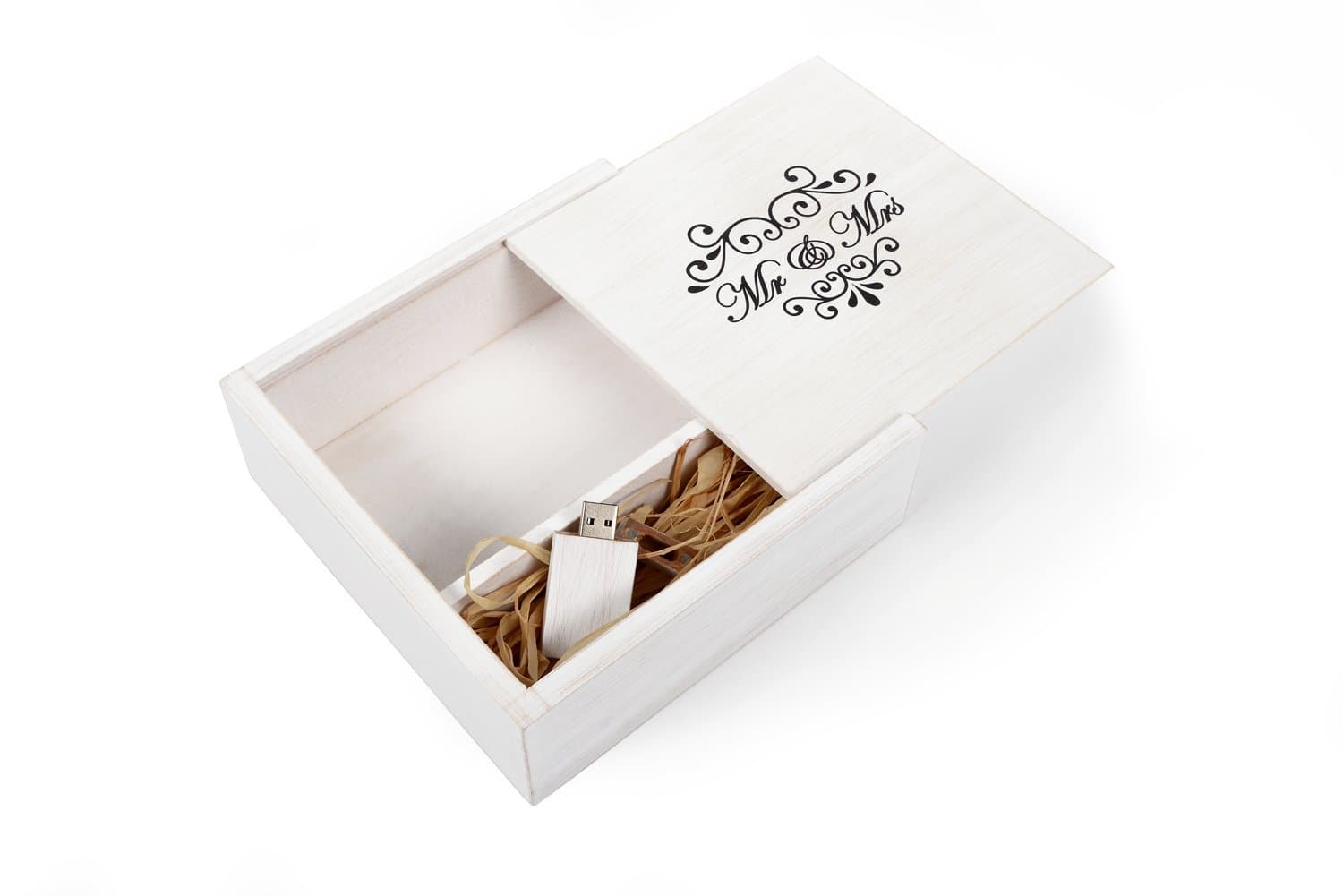 Antique Wedding White Maple 16GB USB Flash Drive - 4 x 6 Photo Box. Holds 125 Photos - Inserted into a Printed Matching Maple Photo Box with Raffia Grass Inside - Wedding Mr & Mrs Design