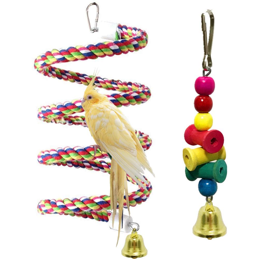 Coppthinktu Bird Perch, Bird Cage Toys with Bell, 2 Pack Rope Bungee Bird Toys with Brightly Colored Chew Toy, Cage Climbing Stand Bar Improves Balance, Coordination and Agility