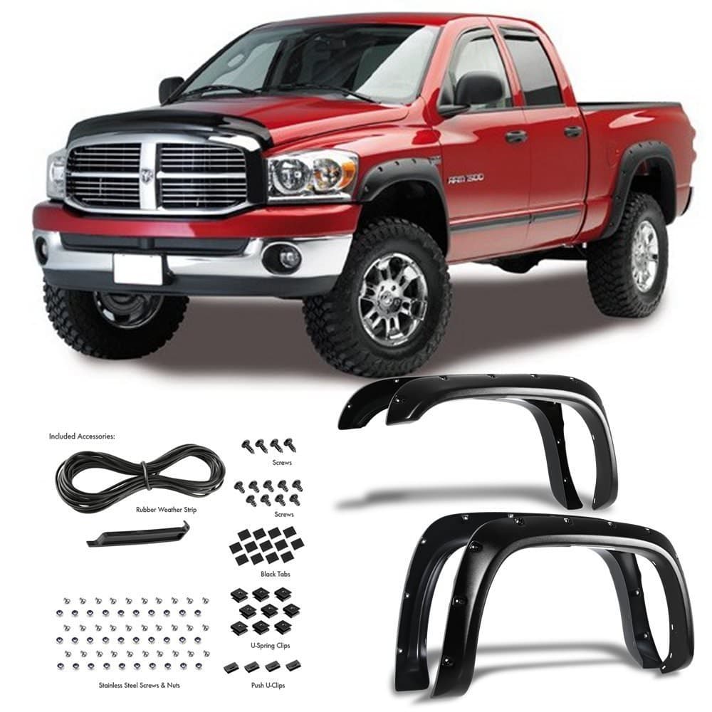 EZ Auto for 94-01 Dodge Ram 1500 | 94-02 Dodge Ram 2500/3500 (Fleetside Models ONLY) | Textured Matte Black Pocket Bolt-Riveted Style Fender Flare Set, 4 Pcs