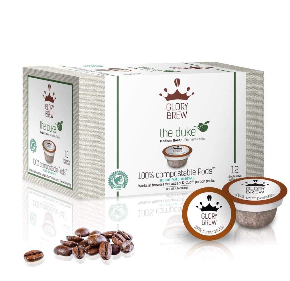 Glorybrew72 Compostable Keurig KCup Coffee Pods I Premium Compatible K Cups Coffee I The Duke I Medium Roast I Biodegradable I Rainforest Certified