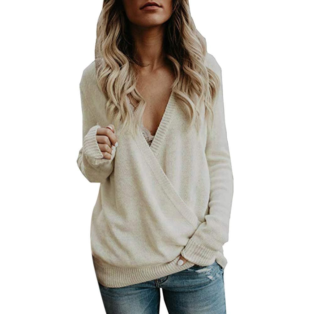 LSAltd Women Sexy Solid Long Sleeve Cross Front Low-Cut V Neck Knitting Tops Loose Sweater Pullovers