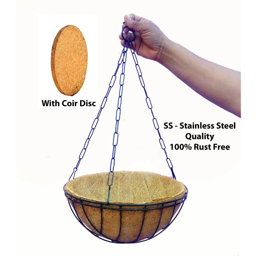 10” SS - Stainless Steel Quality 100% Rust Free Round Coir Hanging Basket with Coir Pot Full Set with Hanger/Chain/Hanging Pots/with Coir Pith Disk by Little Monkey