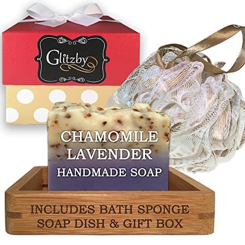 Luxury Handmade Soap Bath Gift Set - Includes Loofah & Bamboo Soap Dish (Chamomile Lavender)