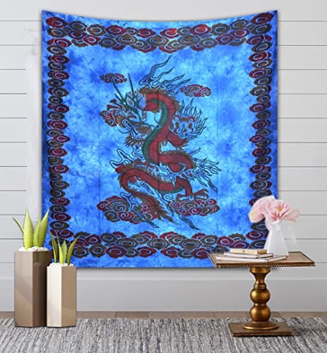 Divya Print Indian 100% Cotton Decorative Tie Dye Dragon Design Mandala Wall Hanging hippie Bohemian Bedding Mandala Tapestry Queen Blue 90”X84” Inch Approx By Divya Print