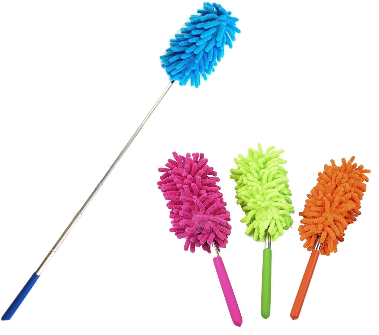Liyhomez 2-Pk Telescopic Retractable Microfiber Duster, Extend 10" to 28", Washable Extendable Brush for Home and Office Compact Storage (Blue and Orange)