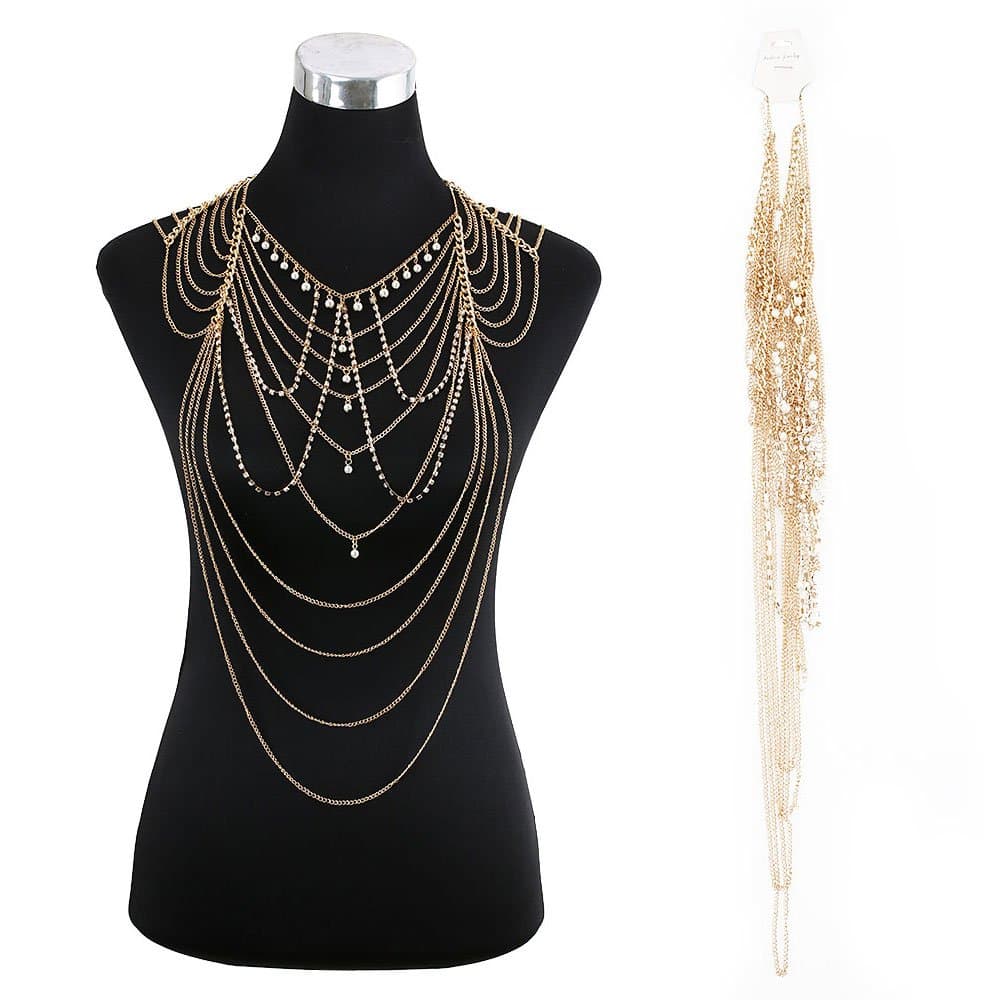 DOTASI Bikini Beach Crossover Harness Pearl Rhinestone Statement Shoulder Necklace Body Chain