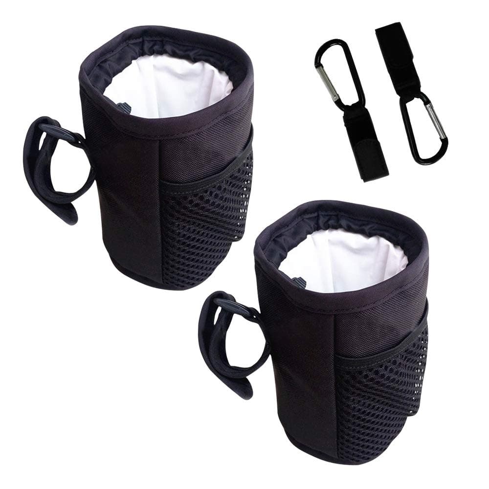 SITAKE 2Pcs Adjustable Water Bottle Holder with 2Pcs Multifunctional Hooks for Baby Strollers, Shopping Carts, Wheelchairs- Black