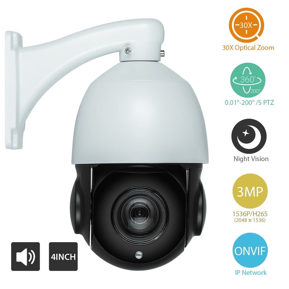 High Speed Dome IP Camera 3MP HD 1536P 30X Optical Zoom Onvif PTZ, IR Night Vision up to 500FT H.265 CCTV IP Network, 4 Inch Mini Size IP66 Waterproof Outdoor Camera