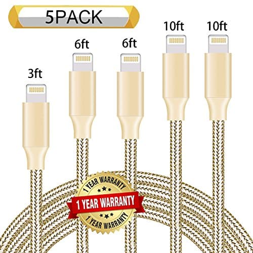Ulimag Lightning Cable 5Pack 3FT 6FT 6FT 10FT 10FT Nylon Braided Certified iPhone Cable USB Cord Charging Charger for iPhone X, 8, 8 Plus, 7, 7 Plus, 6s, 6s Plus, 6, 6 Plus, SE, iPad (Gold)