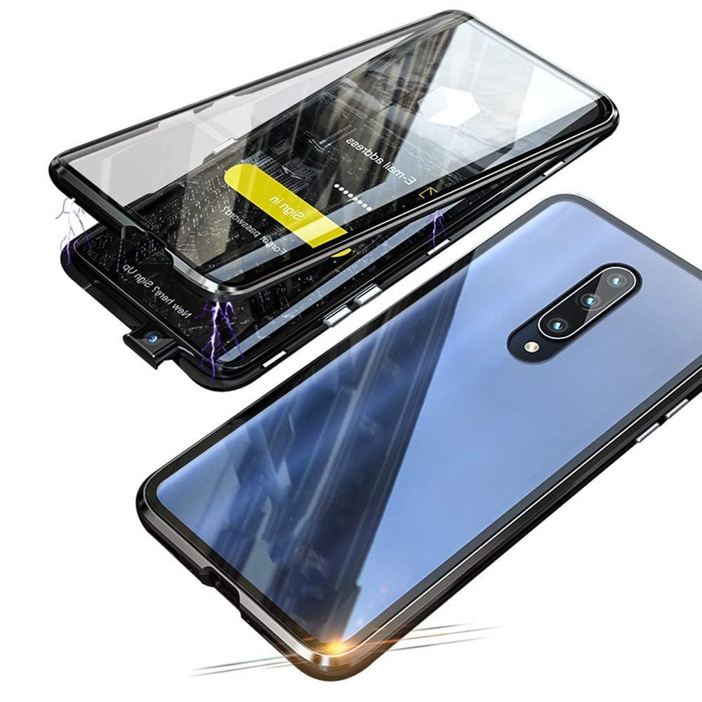 Compatible for Xiaomi Mi 9T (6.39") Case Flip Cover Magnetic Adsorption Technology Metal Frame Transparent Front and Back Tempered Glass Ultra thin 360 Degree Fully Body Screen Protective Case,Black