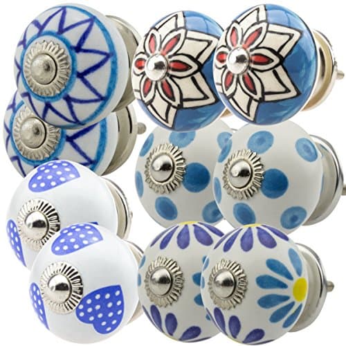 Assorted Set of 10 Pcs Jay Knopf Ceramic Porcelain Pottery Cabinet Door and Furniture Knobs Drawer Pulls Furniture Handles Shabby Chic Vintage Knob 10 -10006 blue
