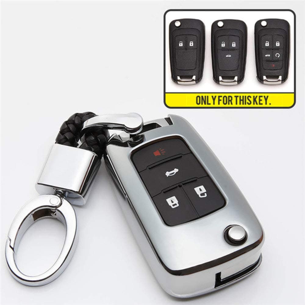 PINGDAGUO Car key shell Cruze 2013 Spark Onix Silverado Volt Camaro Aveo 2011 2012 Sonic Orlando Malibu Trax TPU Car Key Cover Shell Holder,silver with holder