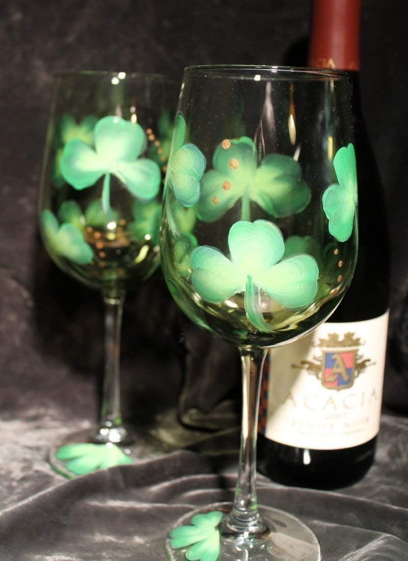 Hand Painted Irish Wine Glasses - Three-leaf clovers on Olive tinted glasses (Set of 2)