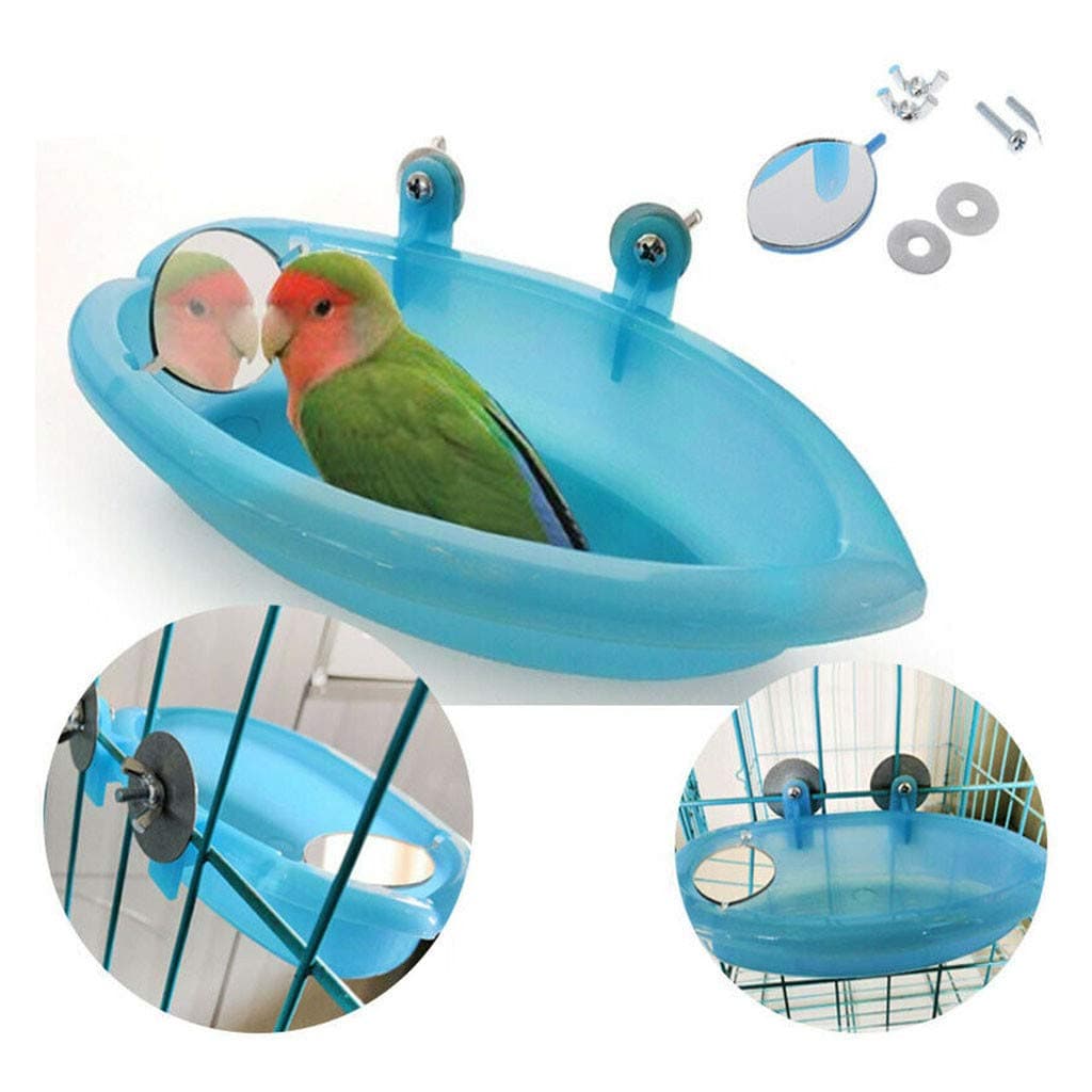succeedtop Bird Bath with Mirror Toy for Pet Small Medium Parrot Parakeet Cockatiel Conure Budgie Lovebird Finch Canary African Grey Cockatoo Amazon Cage Shower Bathing Tub Food Feeder Bowl (Blue)