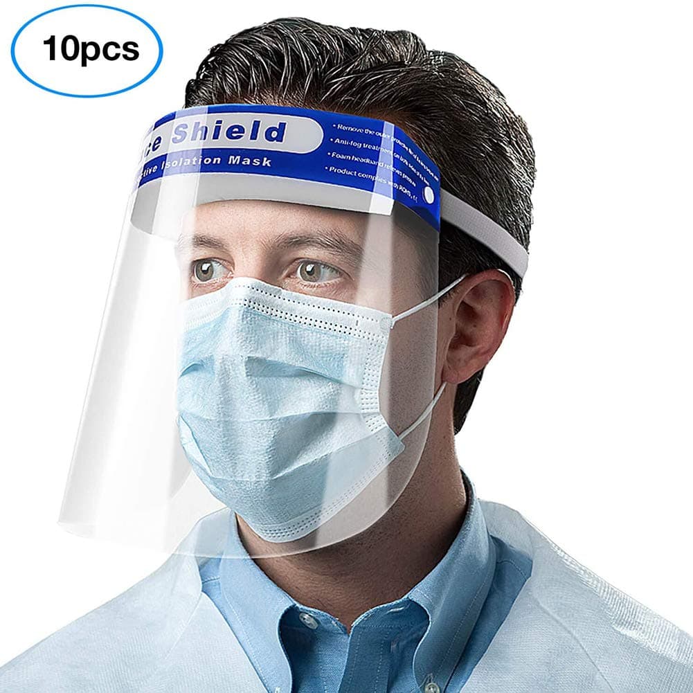 GzxLaY 10Pcs Safety Face Shield Fluid Resistant Transparent Full Face Safety Breathable Protective Visor Anti-Spitting Splash with Elastic Band and Sponge