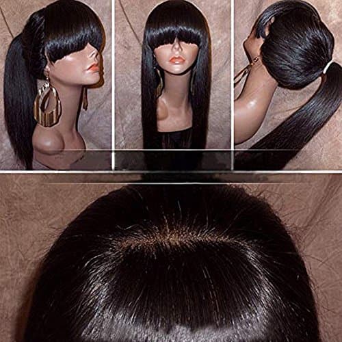 Silky Straight Lace Front Wig with Full Bangs Ponytail Brazilian Virgin Human Hair Full Lace Wigs for Women Natural Color (22 inch, 130% density lace front wig)