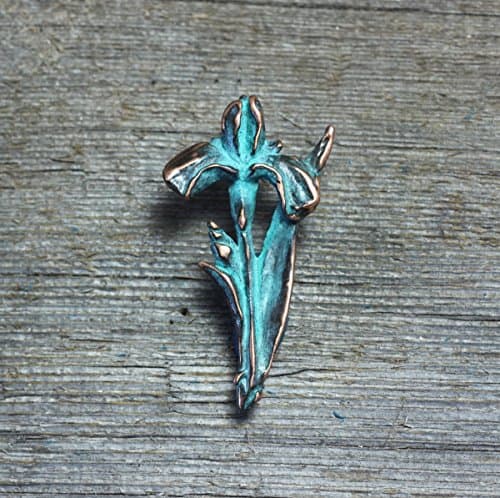 Iris brooch pin copper blue green patina