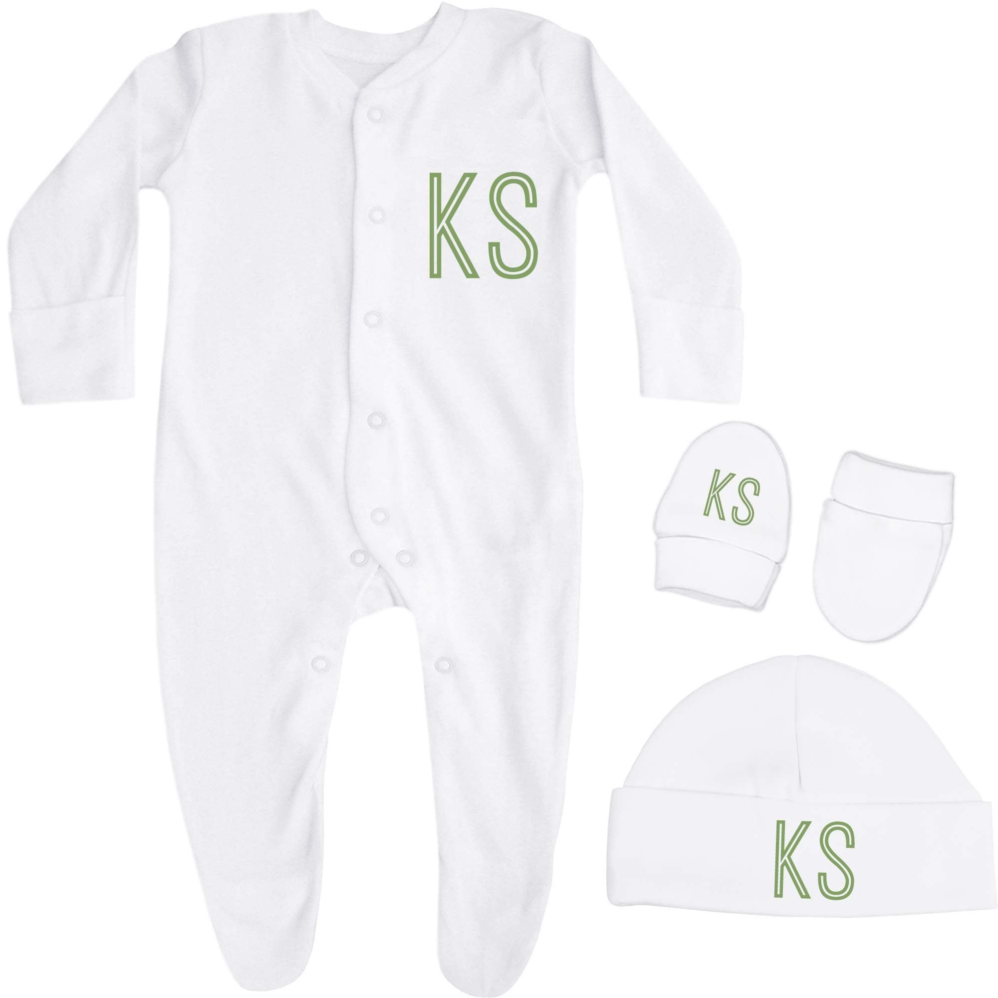 TeddyTs Personalised White Baby Sleepsuit, Hat and Scratch Mits Gift Set