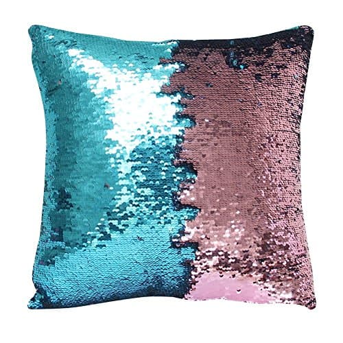 Sequin Mermaid Pillow Case, Senoke Magic 2 Color Reversible DIY Glitter Sofa Cushion Cover Throw Pillow Case 1616" (Mint Blue+Baby Pink)