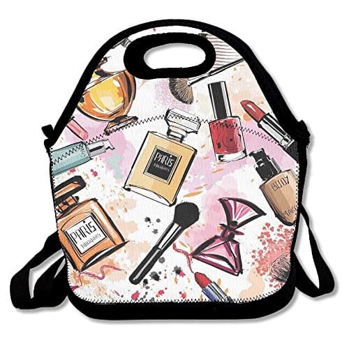 Marvin Conrad Cosmetic And Makeup Theme Pattern With Perfume Lipstick Nail Polish Brush Modern Lady Lunch Bag Tote For School Work Outdoor