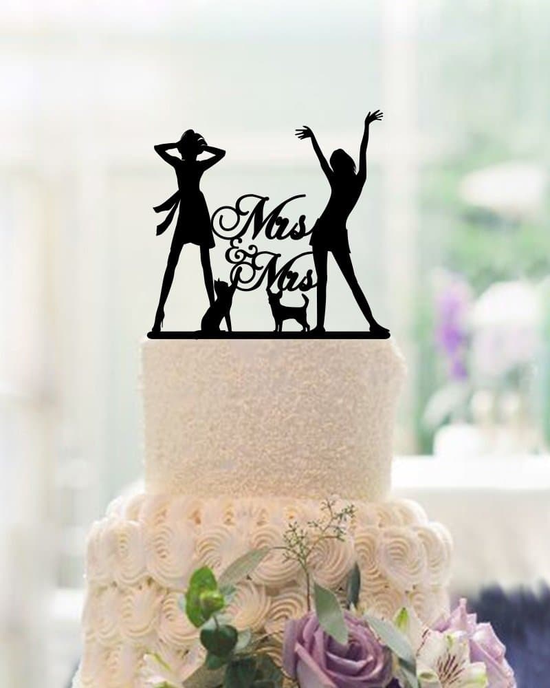 Lesbian Wedding Cake Toppers Mrs and Mrs with Dog Same Sex 2 Brides Wedding Cake Toppers
