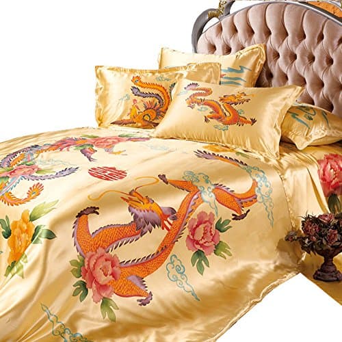 Orifashion Silk 7-Piece Hand-painted Bedding Set Loong And Phoenix, King Size