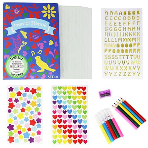 Bullet Journal Stencil Set - 10 Strong Stencils - 5 Colored Pens - 5 Colored Pencils - 1 Sharpener - 3 Types of Stickers (Alphabet, Stars, Hearts) - 5 x 7 Inch - Bullet Journal Supplies