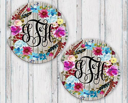 Personalized Monogram Sandstone Car Coasters Boho Floral Wreath Grey Barn Wood Background Set of 2