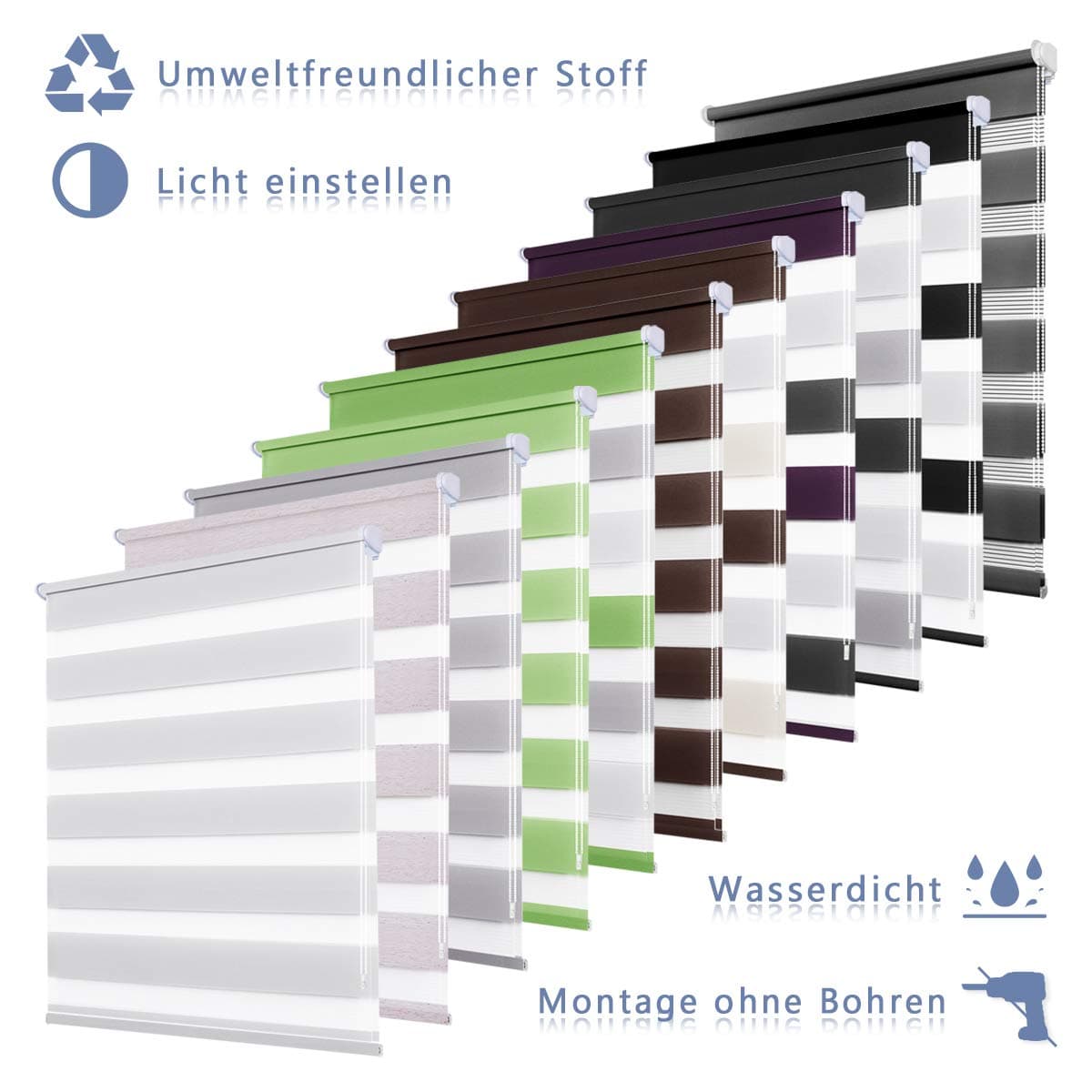 Day and Night Roller Blinds - 40 x 150 cm Black Zebra Roller blinds Translucent or Blackout Curtains Easy Fix with Accessories for Windows and Doors