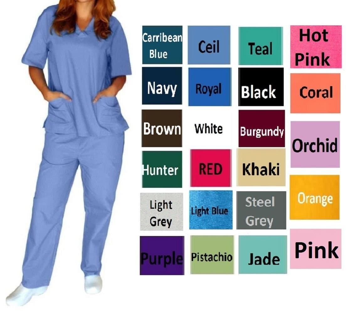 Womens V-Neck Solid Scrub Set Medical Uniform Top and Pant 2 Piece Sets Sizes XS-5XL (Available in 17 Colors)