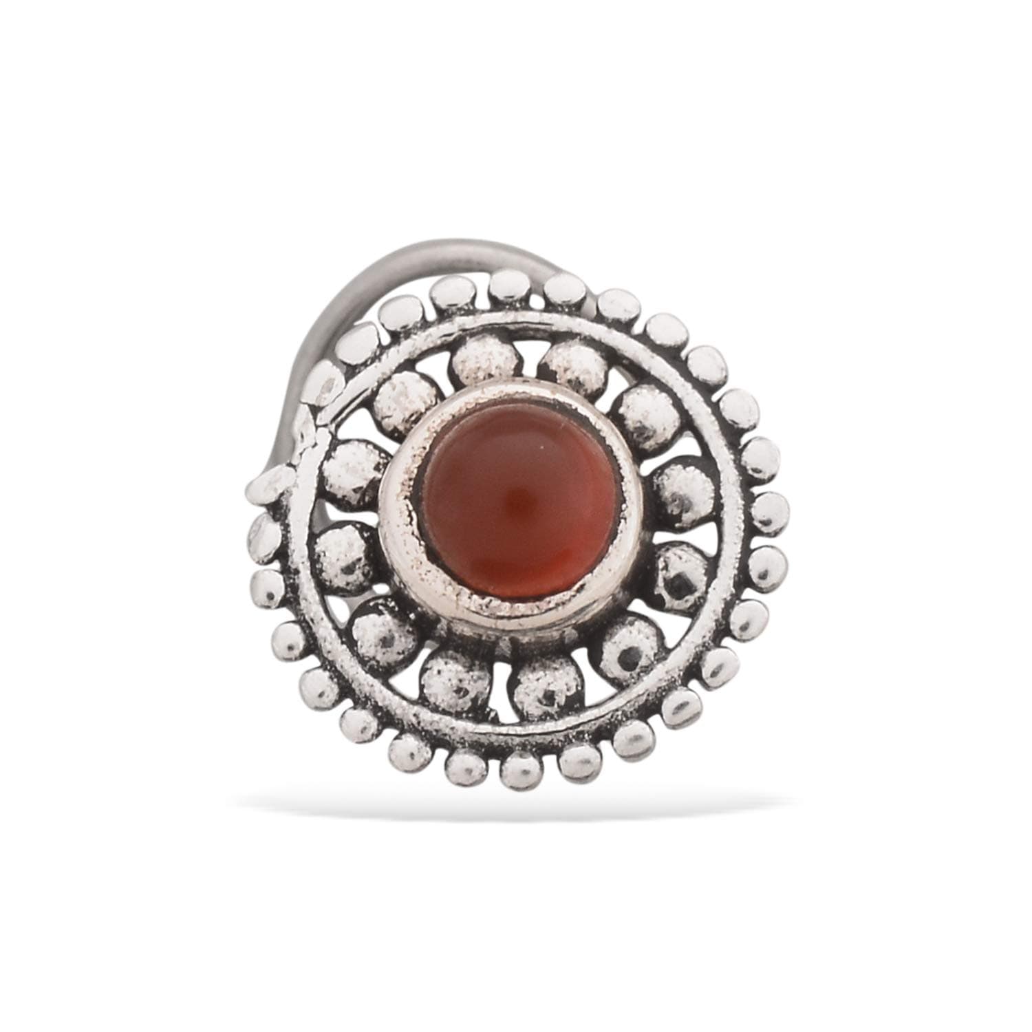 925 Sterling Silver Round-Shape Red Onyx Cup-Setting Nose Pin Stud for Women Girls