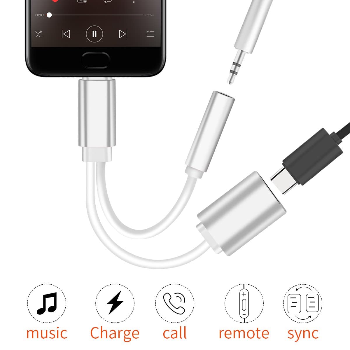 Bkayp 2 in 1 Type C to 3.5mm Audio Headphone Jack Conversion Adapter with Type C Charging Port Splitter for LeEco Le 2, Letv Le Max 2, Letv Le Pro 3, Xiaomi 6 and Other Smartphones with Type C Port (Silver)