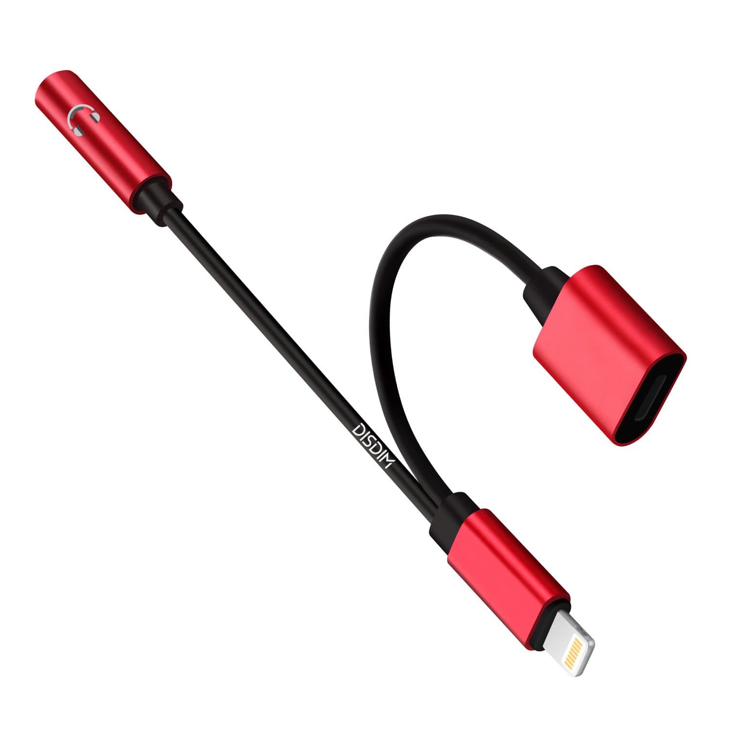 DISDIM Iightning to 3.5mm Audio Headphone Jack Adapter Aux Cable with Extension Charger Port Compatible for iPhone XS/XR / X / 8/7 (Red)