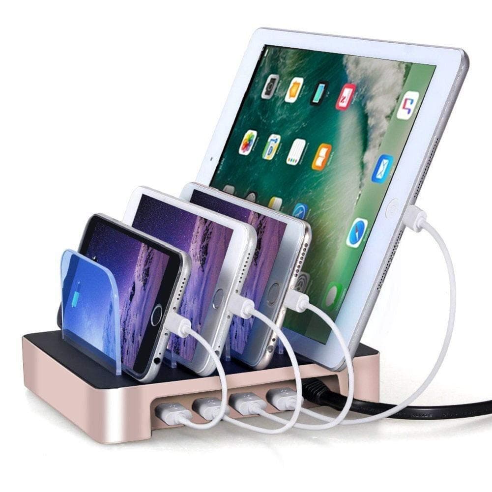 4 Ports USB Charging Station, Universal Detachable Multi-port Desktop Charge Dock Stand Multiple Devices USB Charging Station Organizer, for iPhone iPad Samsung LG Tablet PC-Rose Gold