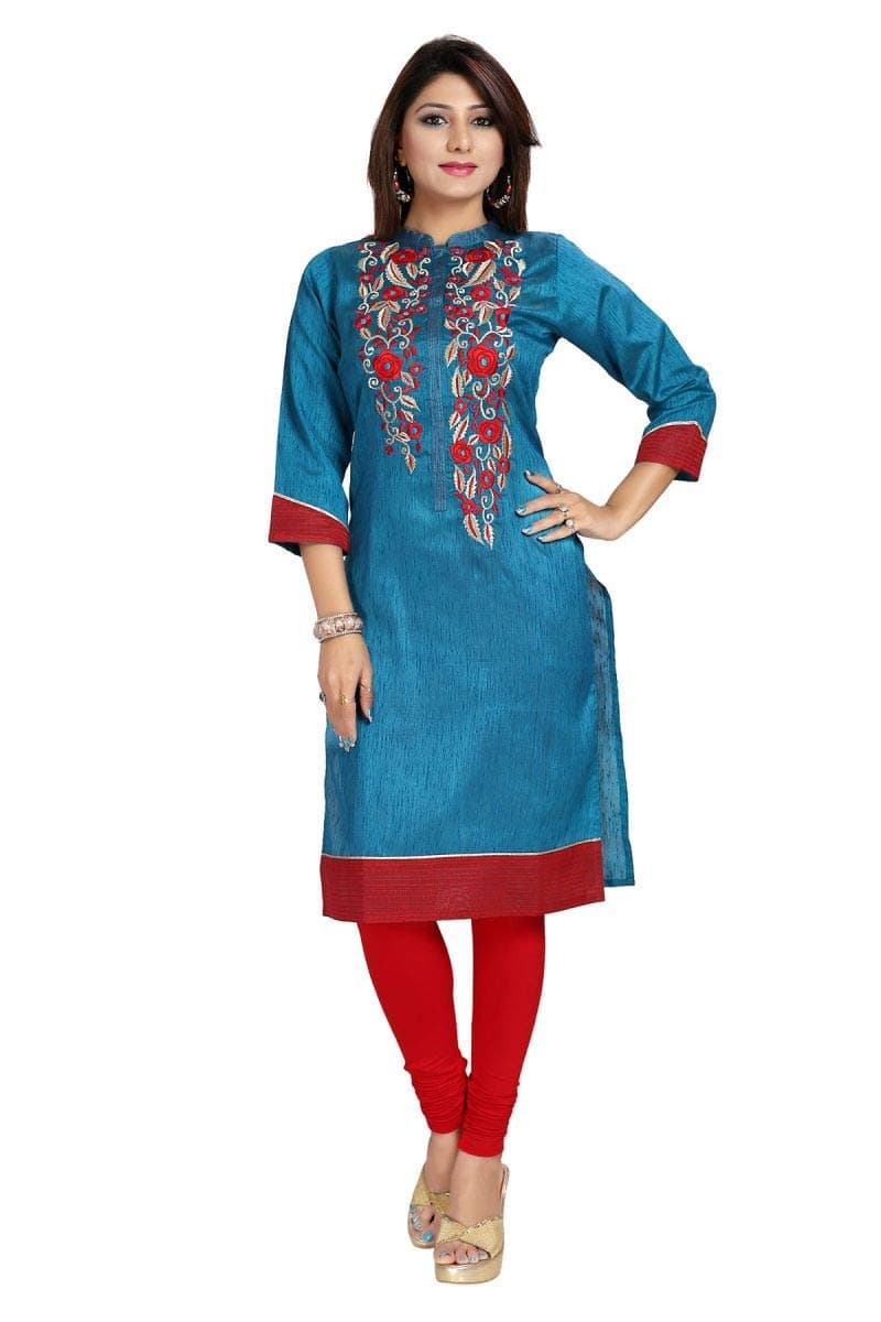 Women Indian Raw Silk Embroidery Thread Work Blue Kurti Kurta Shirt Dress BD357