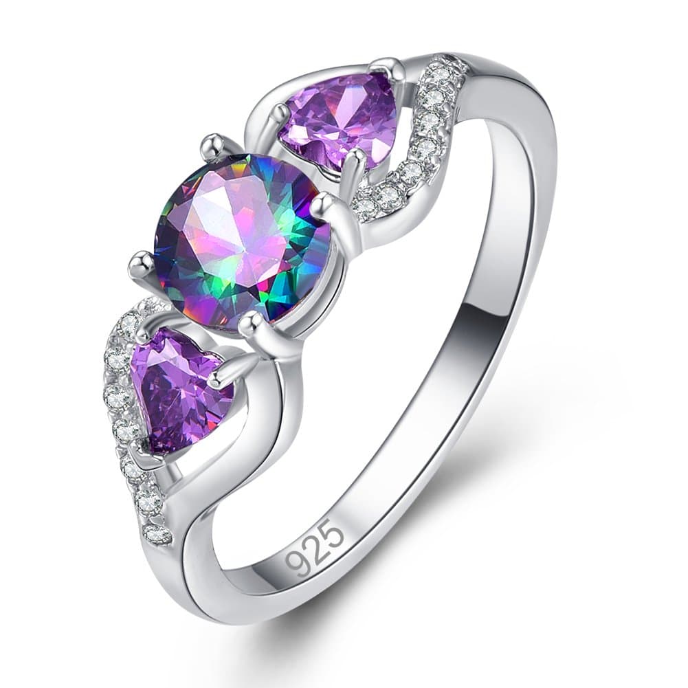 925 Sterling Silver Created Rainbow Topaz Filled 3 Stone Ring