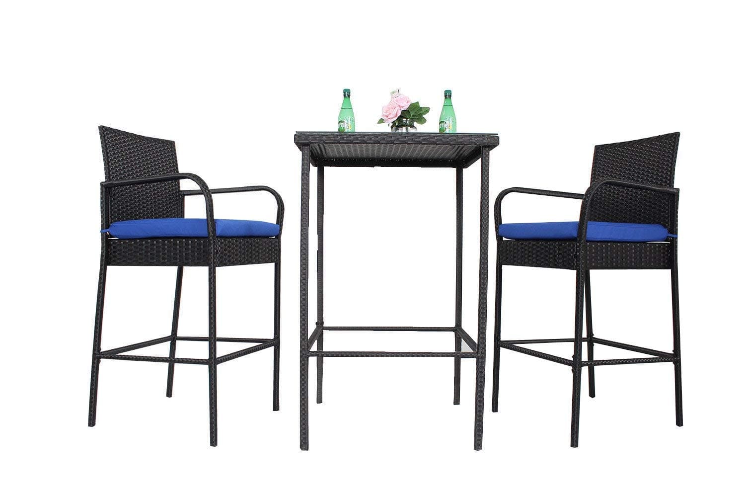 Leaptime Patio Rattan Bar Table and Stools Set 3-Piece Outside Garden Wicker Bar Set Black PE Wicker Royal Blue Cushion