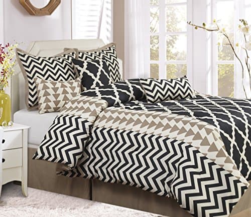 Nanshing JOSH7-Q Josh Collection Bedroom Comforter Set Complete 7 Piece, Queen, Taupe/Black