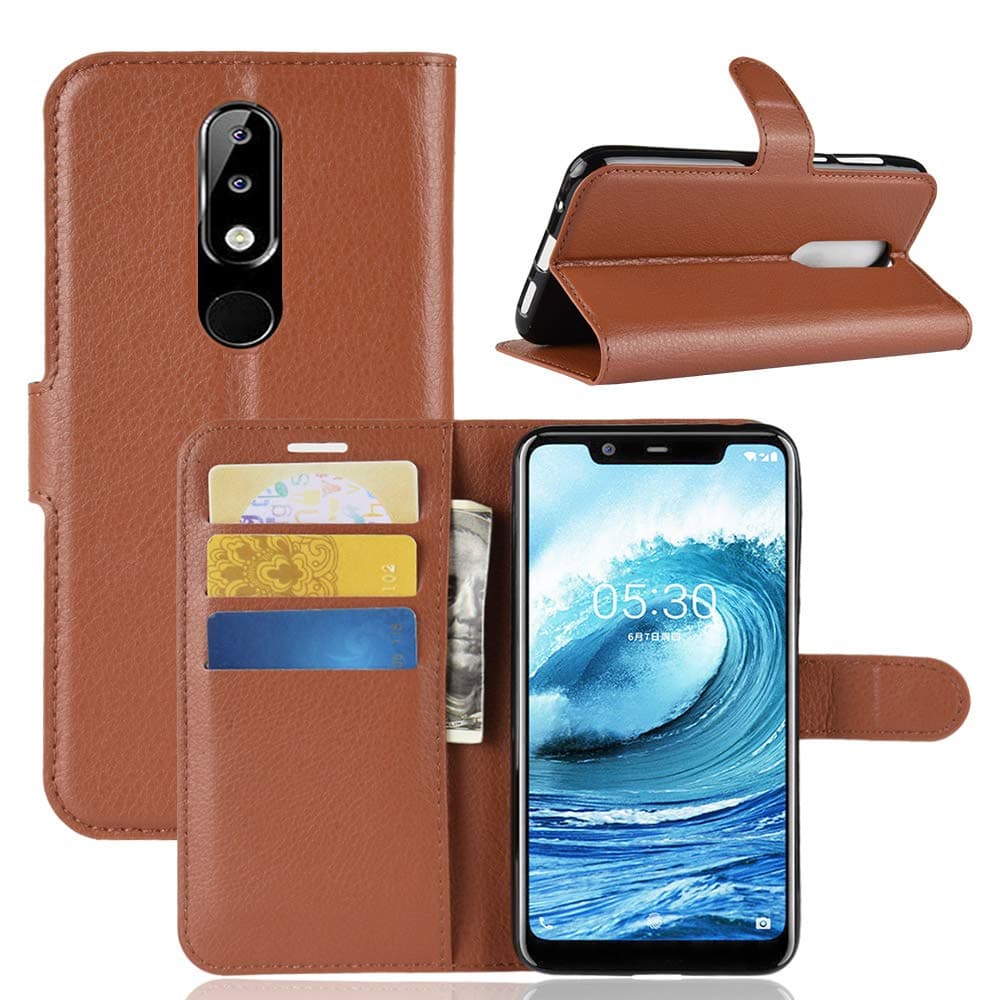 Nokia 5.1 Plus Case, PRODELI Premium PU Leather Nokia X5 Protective Case Cover Phone Wallet Flip for Nokia X5/5.1 Plus with Magnetic Closure & Card Slots & Stand Function (Brown)