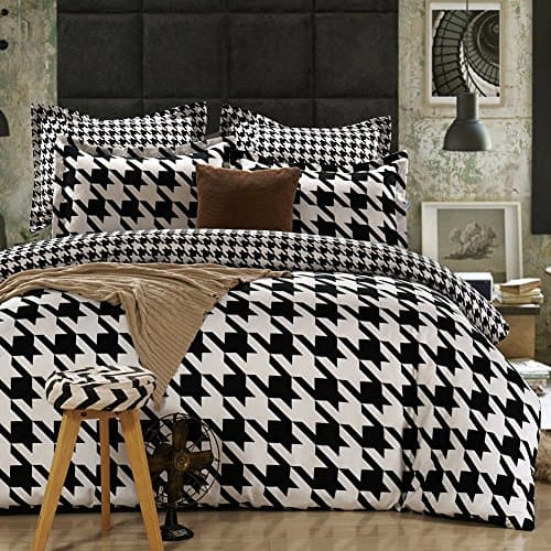 Queen Tina Microfiber Polyester Houndstooth Print 4PC Duvet Cover Set King Size Black&White