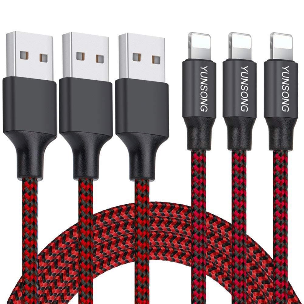 YUNSONG iPhone Charger 3PACK (6FT) Lightning Cable Nylon Braided Charging Cord USB Cable Charger Compatible with iPhone Xs MAX XR X 8 7 6s 6 Plus SE 5S 5C 5 (Red)