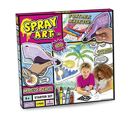 Spray Pen Starter Set easy to use and includes the spray art magic colour changing felt tipsContains 5 pens and 3 stencils (pets, alphabet & food)